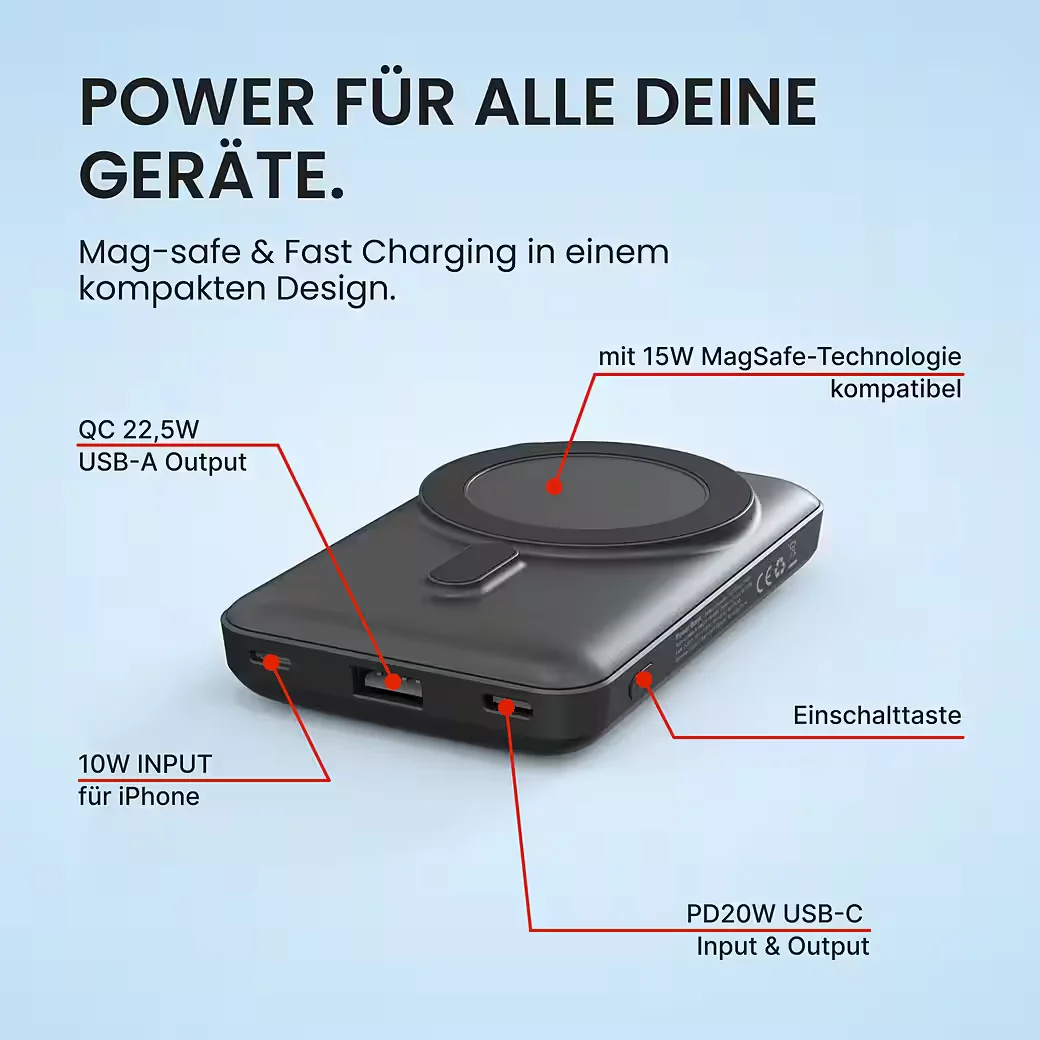 VIESTA Powerbank 10000 mAh 22,5 W Schwarz mit Schnellladen