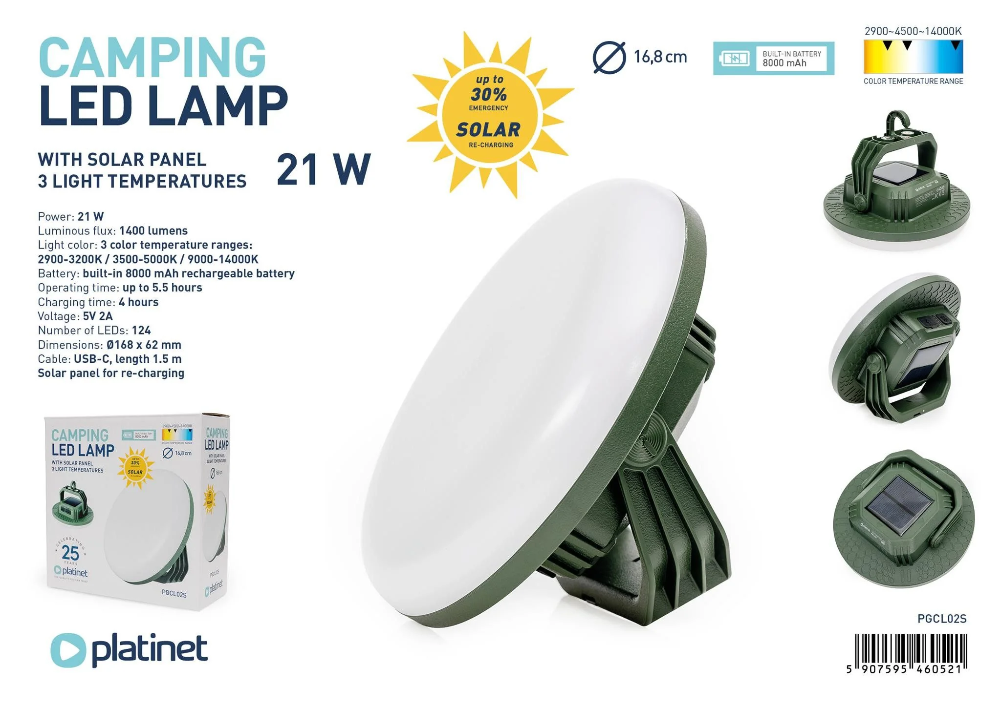 PLATINET Solar LED Campinglaterne, robuste Lampe mit 3 Modi